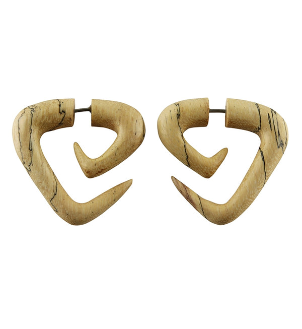 Tamarind Wood Fake Gauge Tri Point Spirals Tribal Earrings