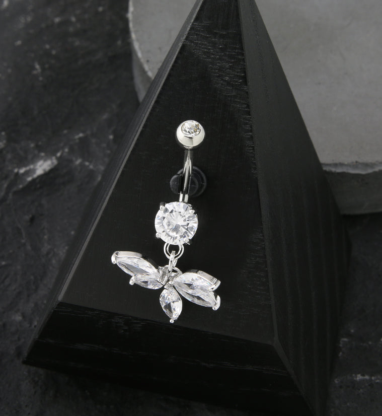 Five Petal CZ Flower Dangle Stainless Steel Belly Button Ring
