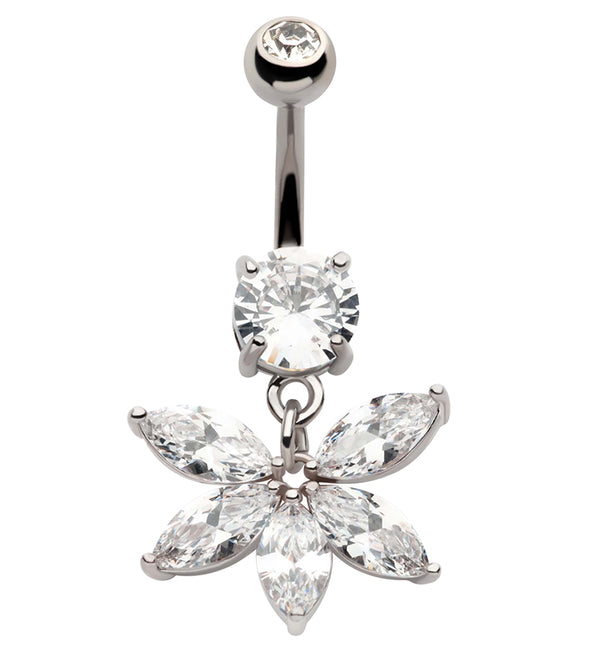 Five Petal CZ Flower Dangle Stainless Steel Belly Button Ring