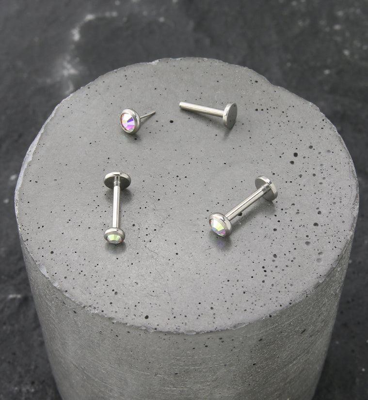 Flat Rainbow Aurora CZ Titanium Threadless Labret