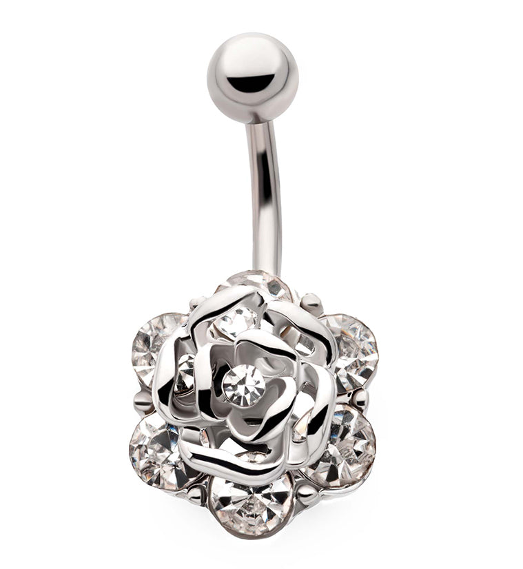 Floral Rose CZ Stainless Steel Belly Button Ring