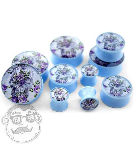 Floral Skull Light Blue Plugs
