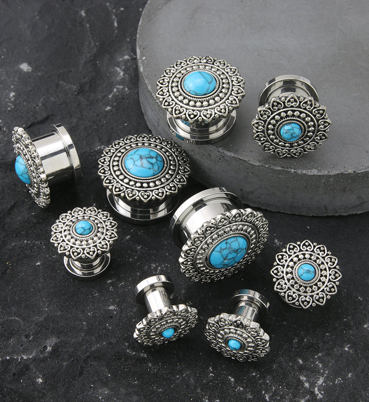 Florid Howlite Turquoise Stainless Steel Tunnel Plugs