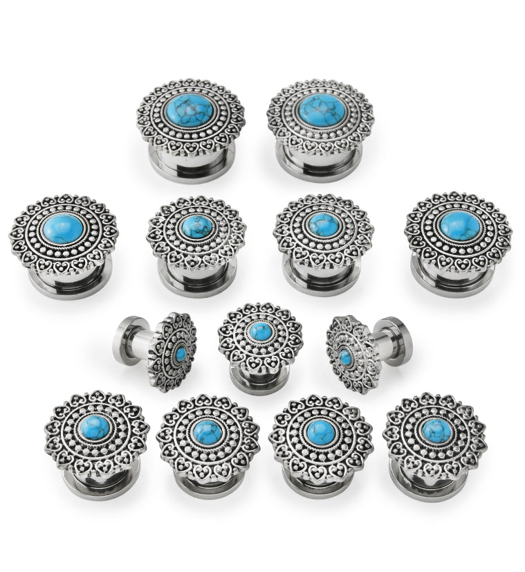 Florid Turquoise Stainless Steel Tunnel Plugs