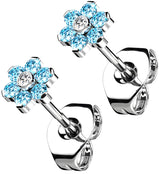 Flower Aqua CZ Titanium Threadless Earrings