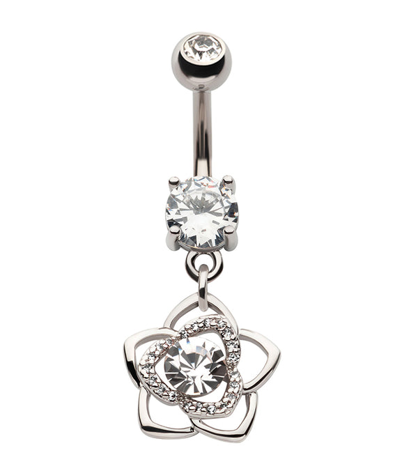 Flower Bloom CZ Dangle Stainless Steel Belly Button Ring