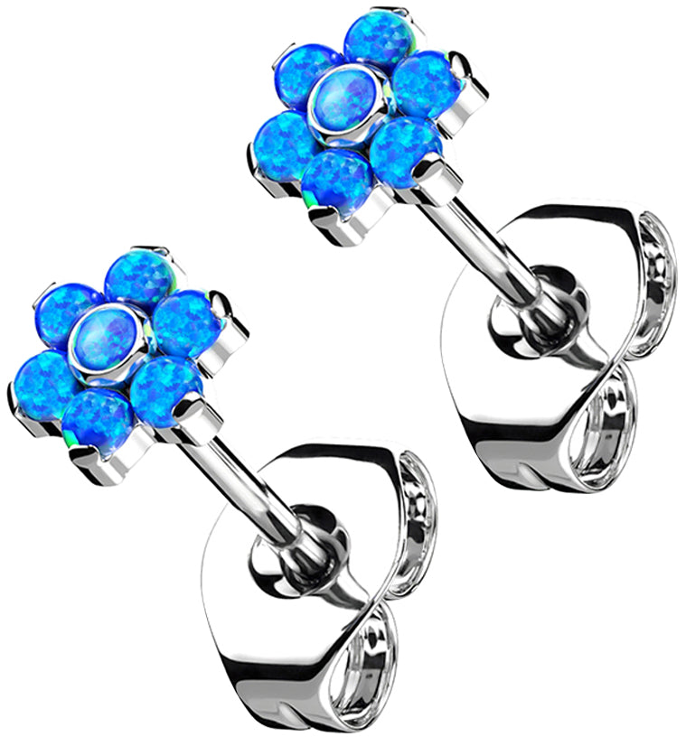Flower Blue Opalite Titanium Threadless Earrings