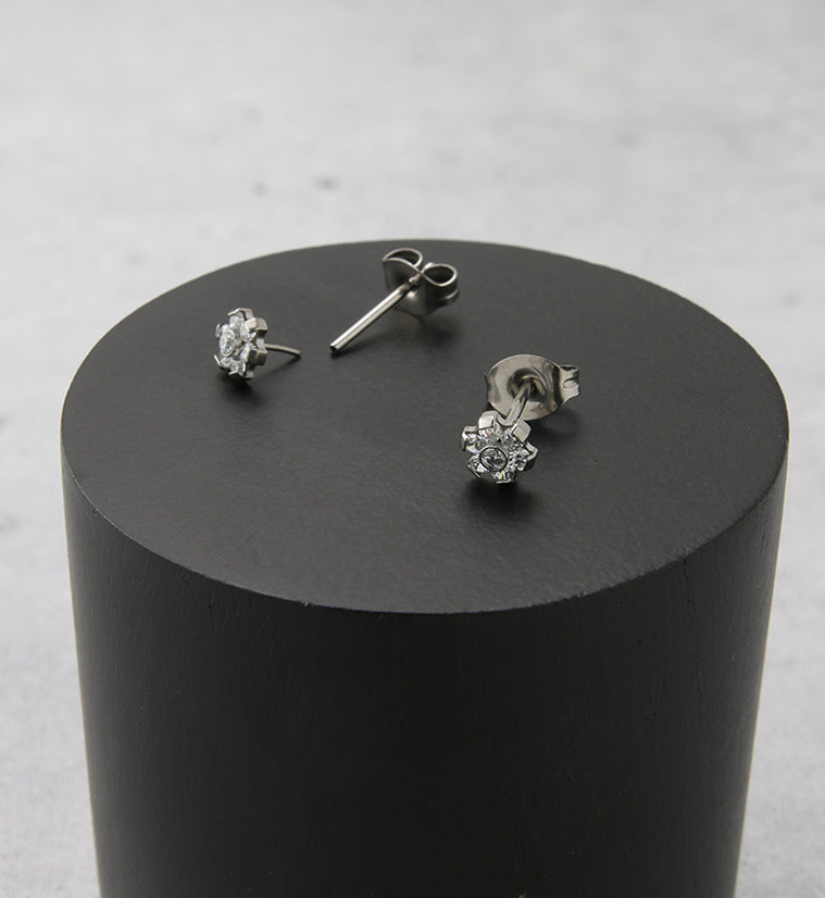 Flower Clear CZ Titanium Threadless Earrings
