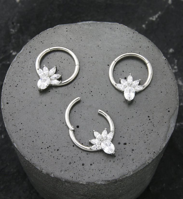 Flower Marquise Clear CZ Stainless Steel Hinged Segment Ring