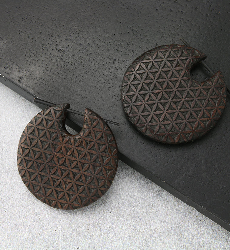 Flower of Life Narra Wood Disk Earrings
