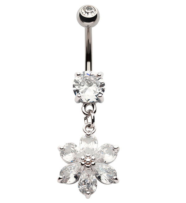 Flower Pear CZ Dangle Stainless Steel Belly Button Ring