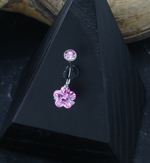 Flower Pink CZ Internally Threaded Titanium Belly Button Ring