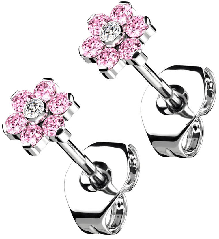 Flower Pink CZ Titanium Threadless Earrings