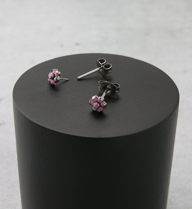 Flower Pink Opalite Titanium Threadless Earrings