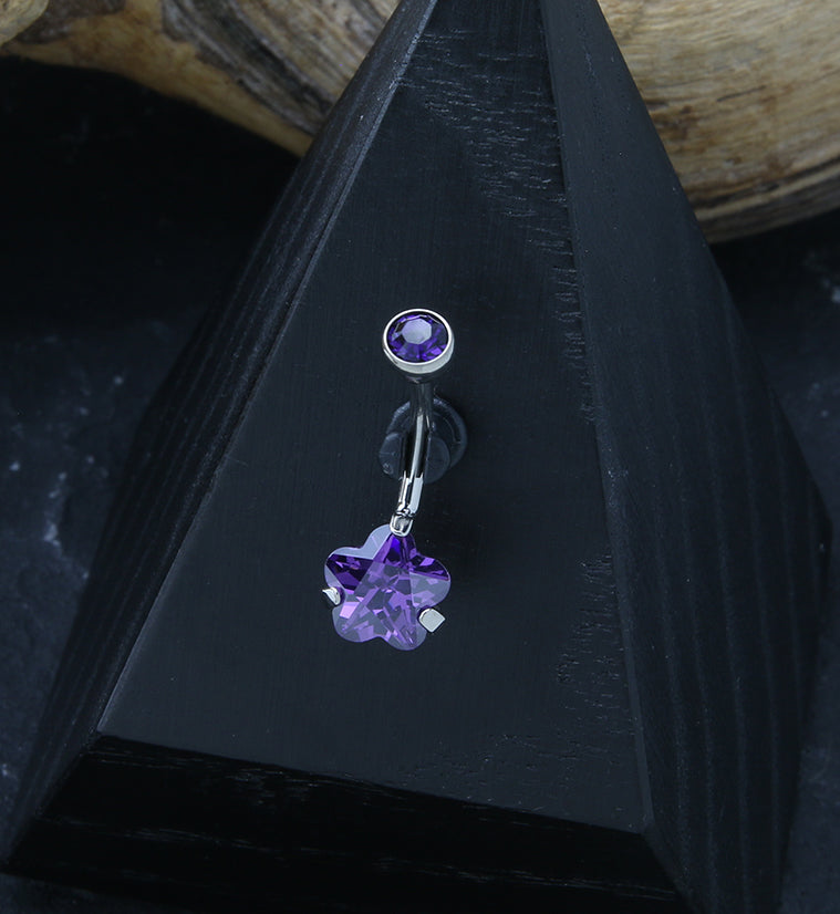 Flower Purple CZ Internally Threaded Titanium Belly Button Ring