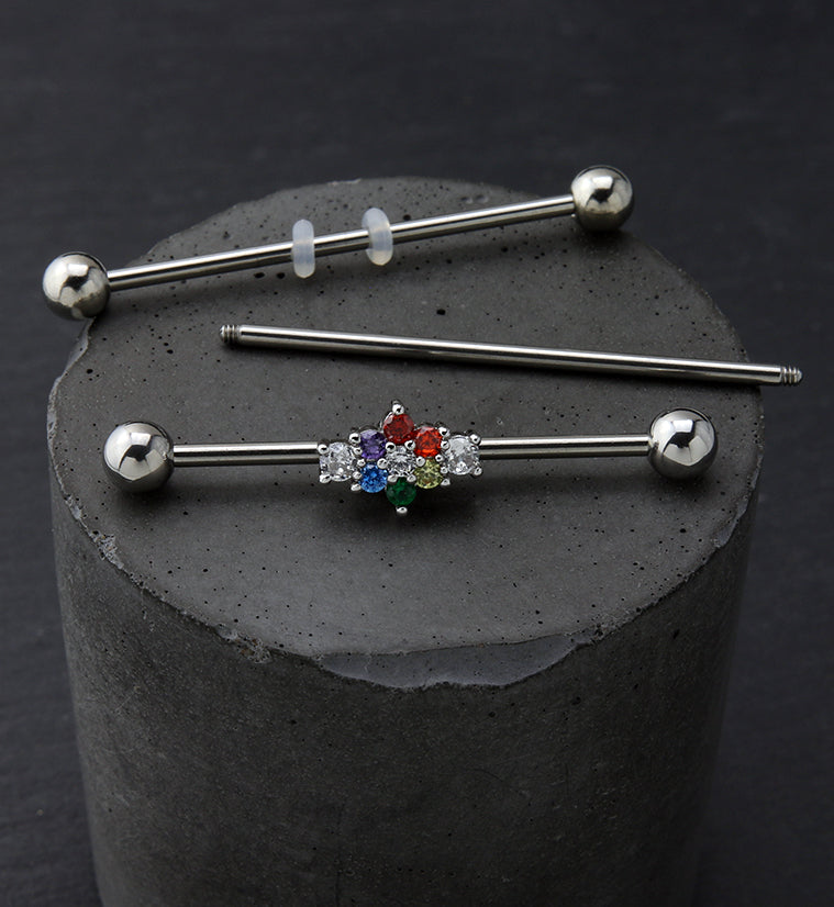 Flower Rainbow CZ Industrial Barbell