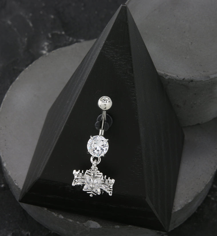 Flower Snowflake CZ Dangle Stainless Steel Belly Button Ring