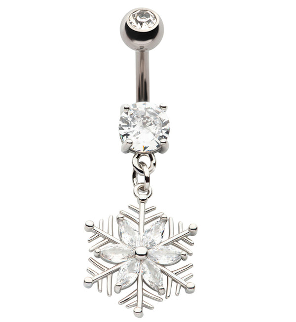 Flower Snowflake CZ Dangle Stainless Steel Belly Button Ring