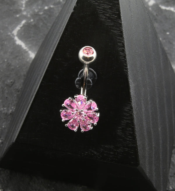 Flower Teardrop Pink CZ Stainless Steel Belly Button Ring