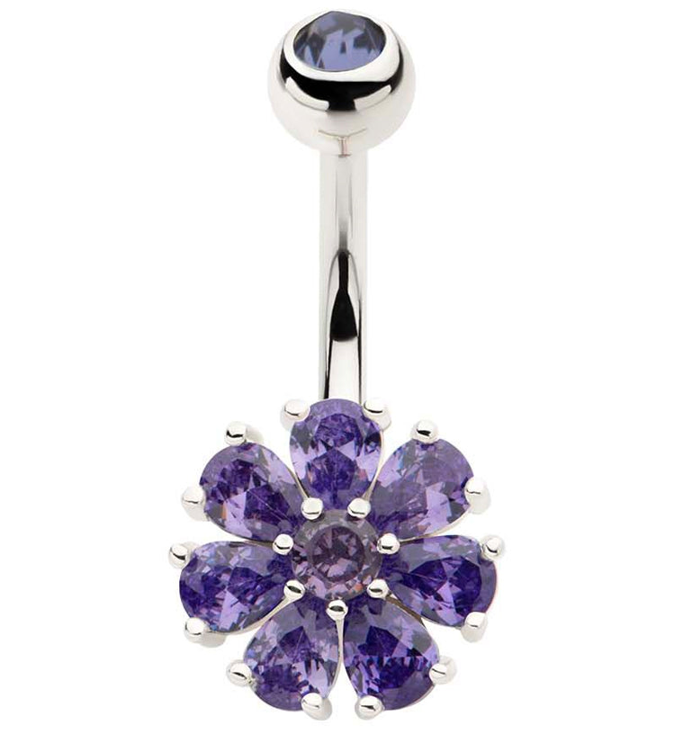 Flower Teardrop Purple CZ Stainless Steel Belly Button Ring