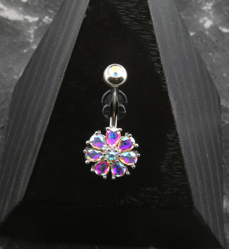 Flower Teardrop Rainbow Aurora CZ Stainless Steel Belly Button Ring