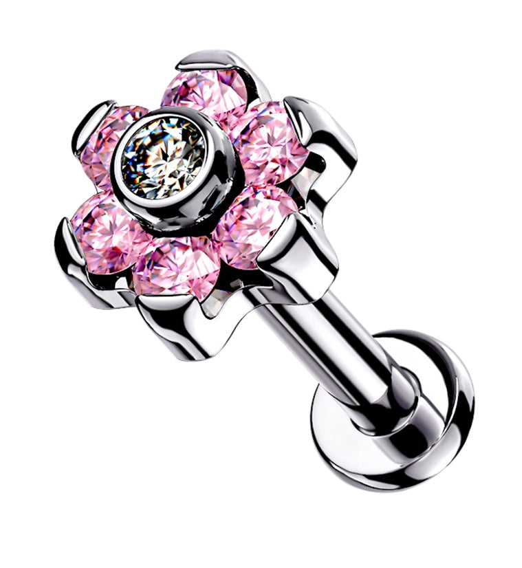 16G Pink / Clear Flower Top Titanium Labret