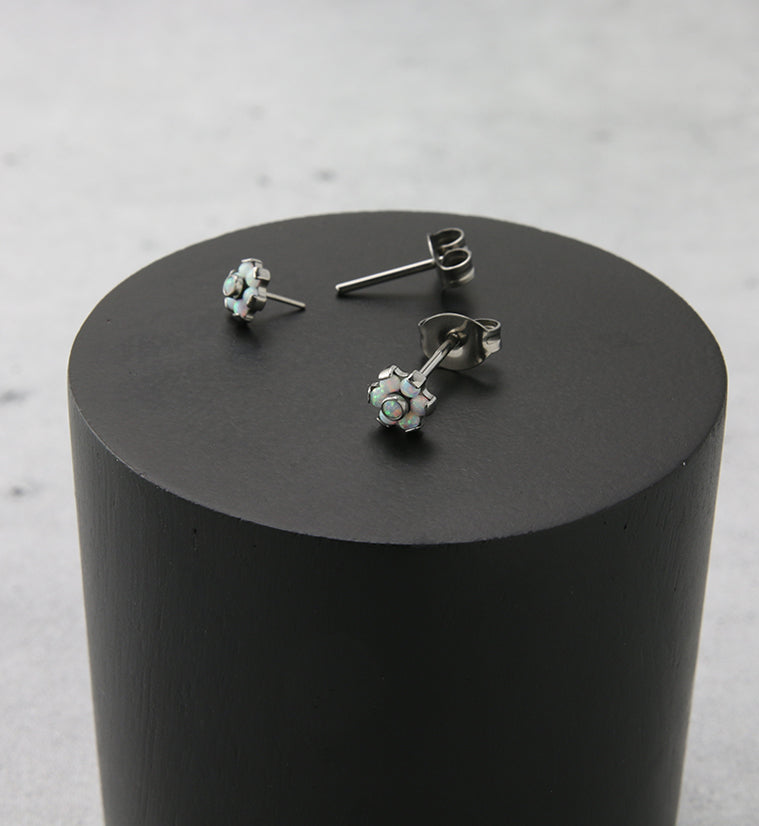 Flower White Opalite Titanium Threadless Earrings