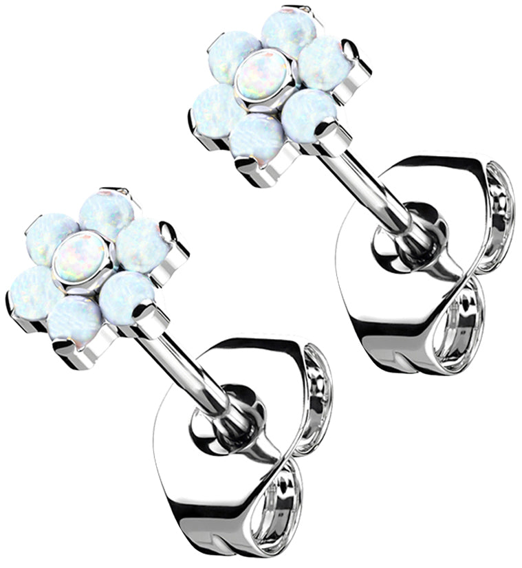 Flower White Opalite Titanium Threadless Earrings