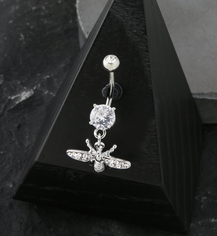 Flying Bee Pave CZ Dangle Stainless Steel Belly Button Ring