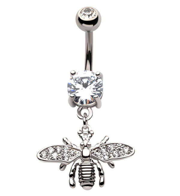 Flying Bee Pave CZ Dangle Stainless Steel Belly Button Ring