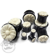 Horn Plugs With Carved Gardenia Flower Bone Inlay