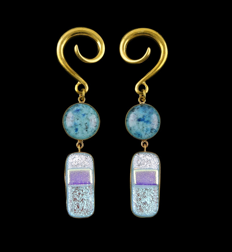 Aqua Double Dichroic Plane Glass Brass Ear Weights