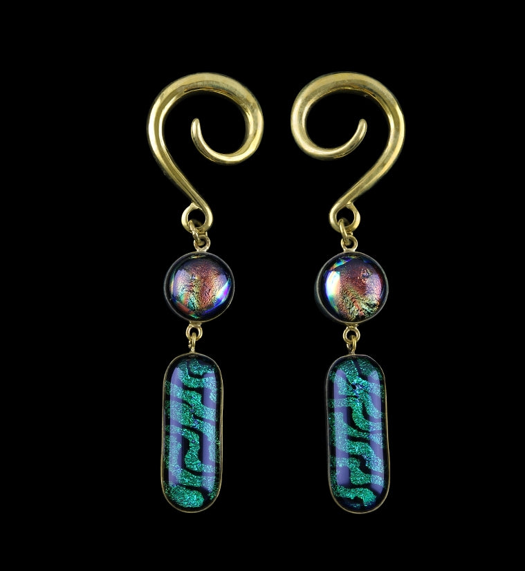 Green & Rainbow Double Dichroic Plane Glass Brass Ear Weights