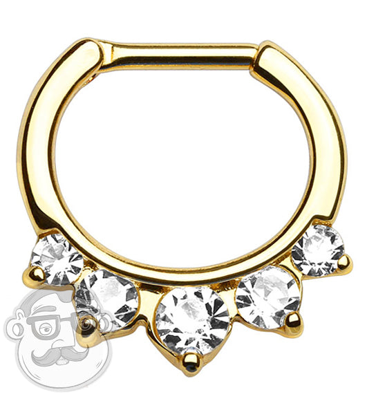 16G Five CZ Gem Stone Gold Septum Clicker