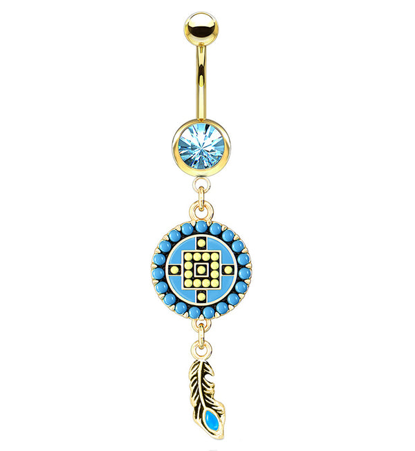 Gold PVD Aztec Blue Gem Dangle Belly Button Ring
