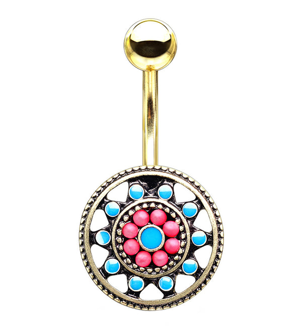 Gold PVD Aztec Blue & Red Beaded Sun Belly Button Ring