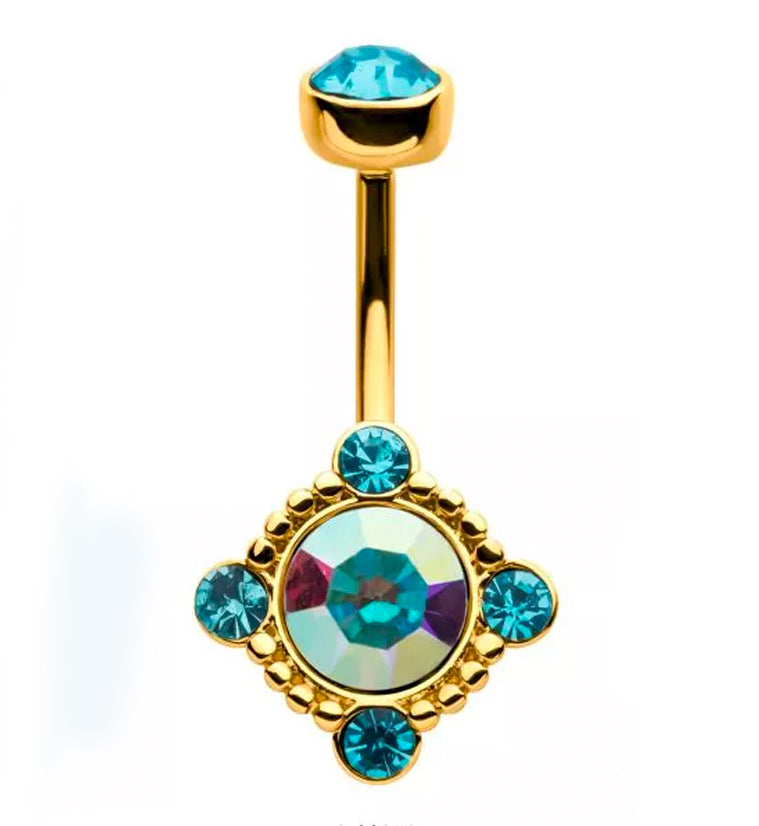 Gold PVD Rainbow Aurora and Aqua CZ Noble Belly Button Ring
