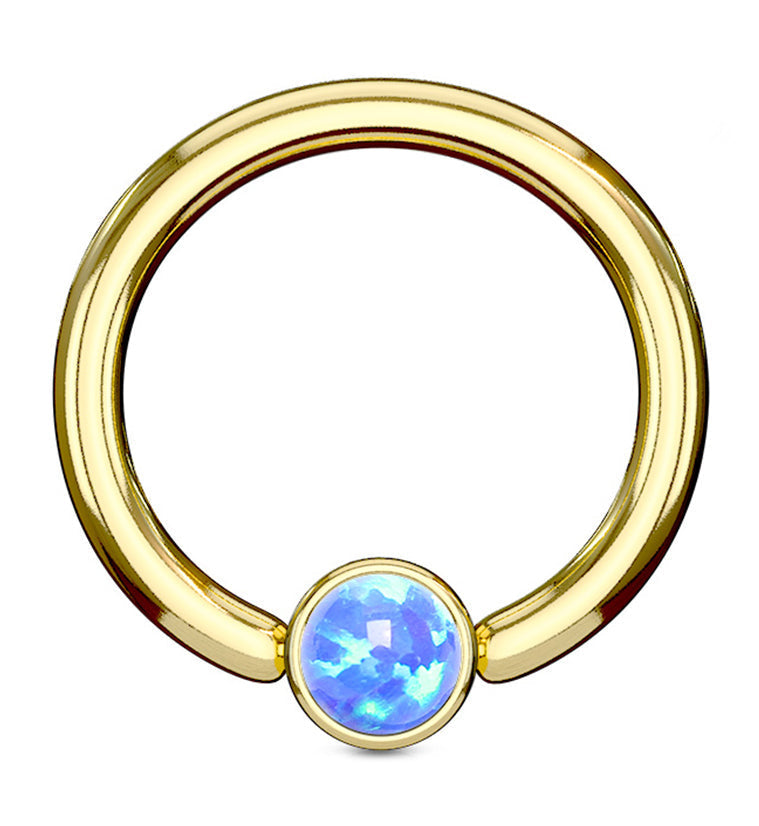 Gold PVD Blue Opalite Flat Disk Captive Ring