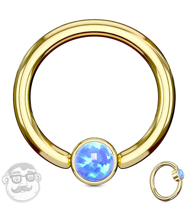 Gold PVD Blue Opalite Flat Disk Captive Ring