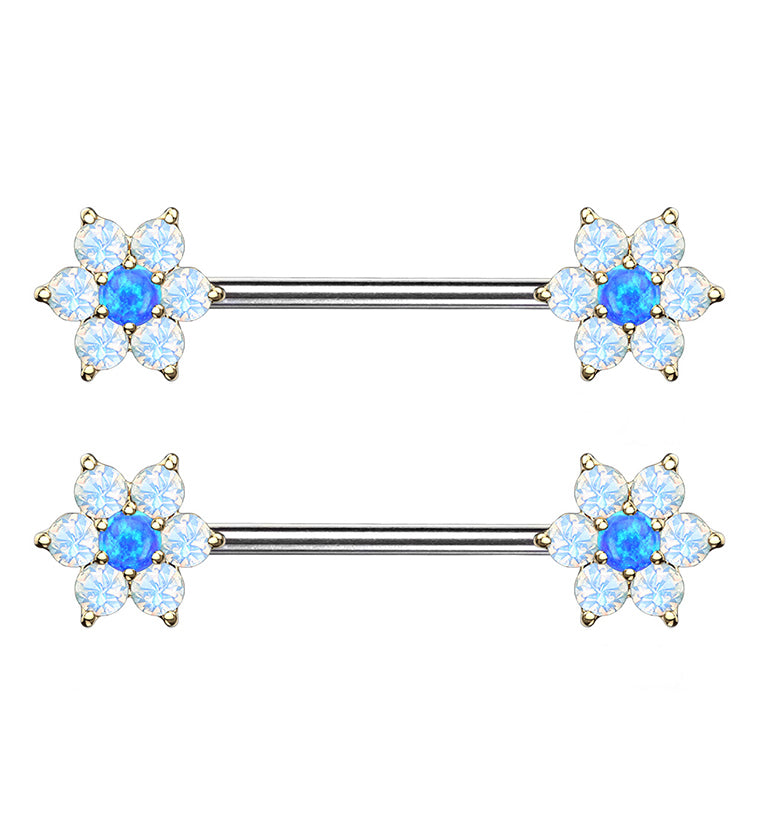 14G Blue & White Opalite Flower Gold Flower Nipple Ring Barbell