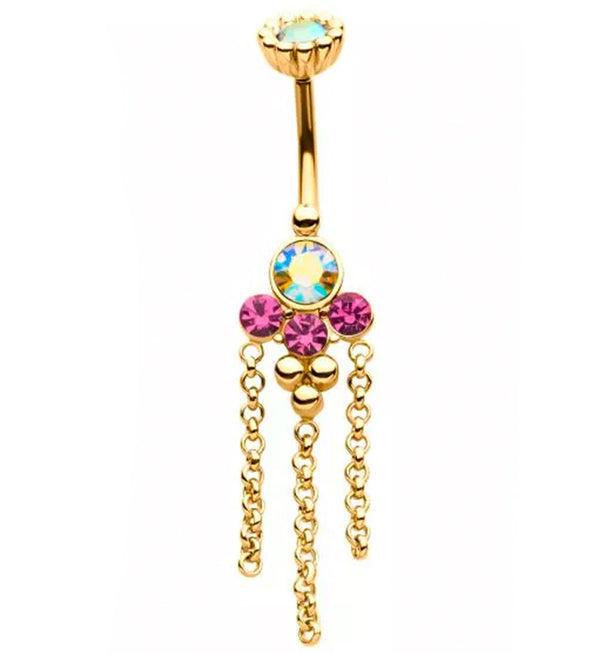 Gold PVD Pink and Rainbow Aurora CZ Array Dangle Chain Belly Button Ring