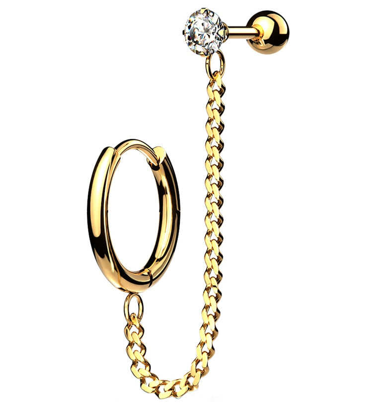 Gold PVD Linked Hinged Hoop Ring & CZ Cartilage Barbell