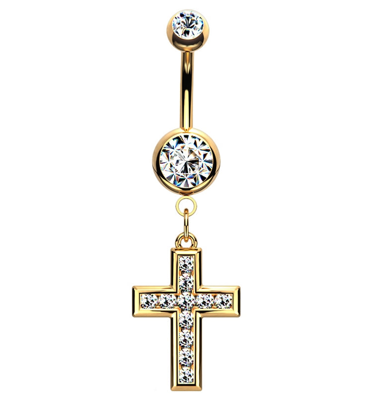 Gold PVD Cross CZ Belly Button Ring V2