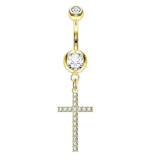 Gold PVD Cross CZ Belly Button Ring