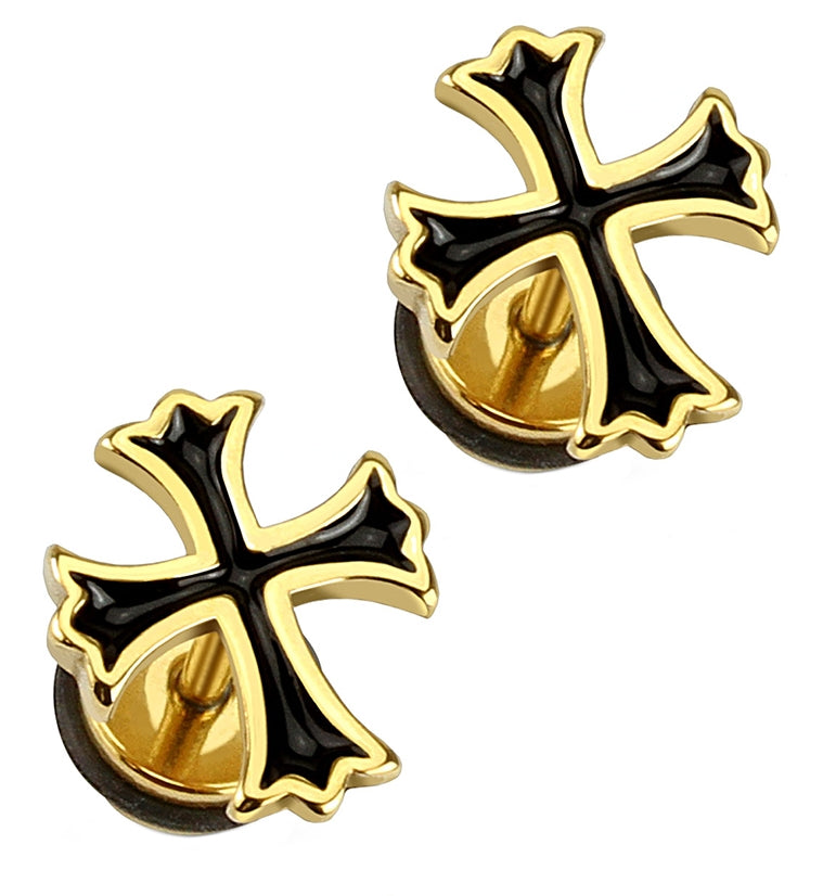 16G Black & Gold Cross Fake Plugs / Gauges
