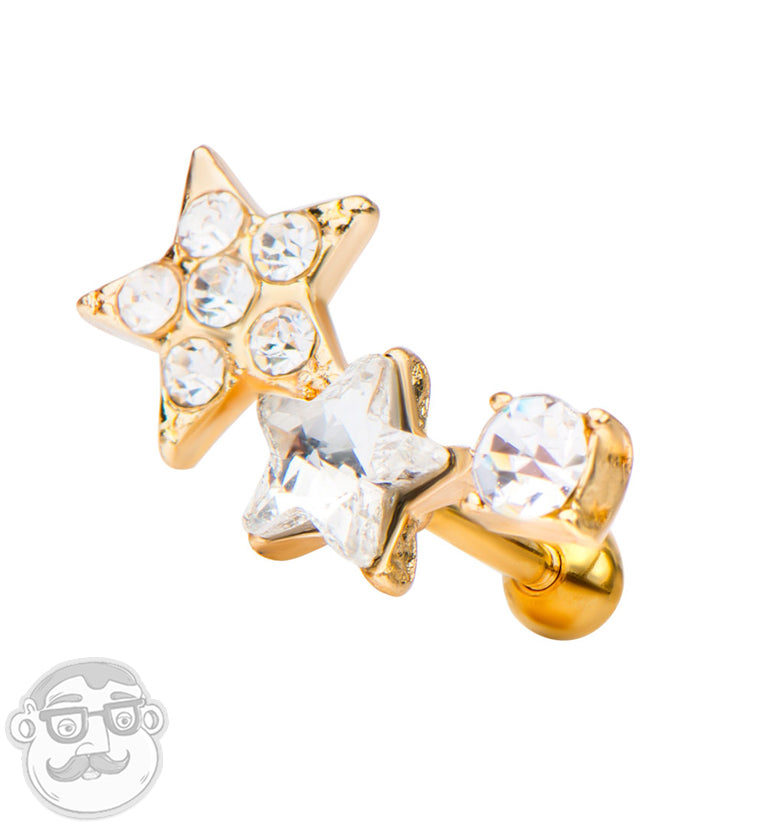 18G Gold PVD CZ Triple Star Cartilage Barbell