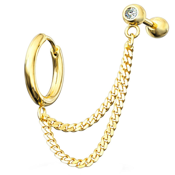 Gold PVD Double Linked Hinged Hoop Ring & CZ Cartilage Barbell