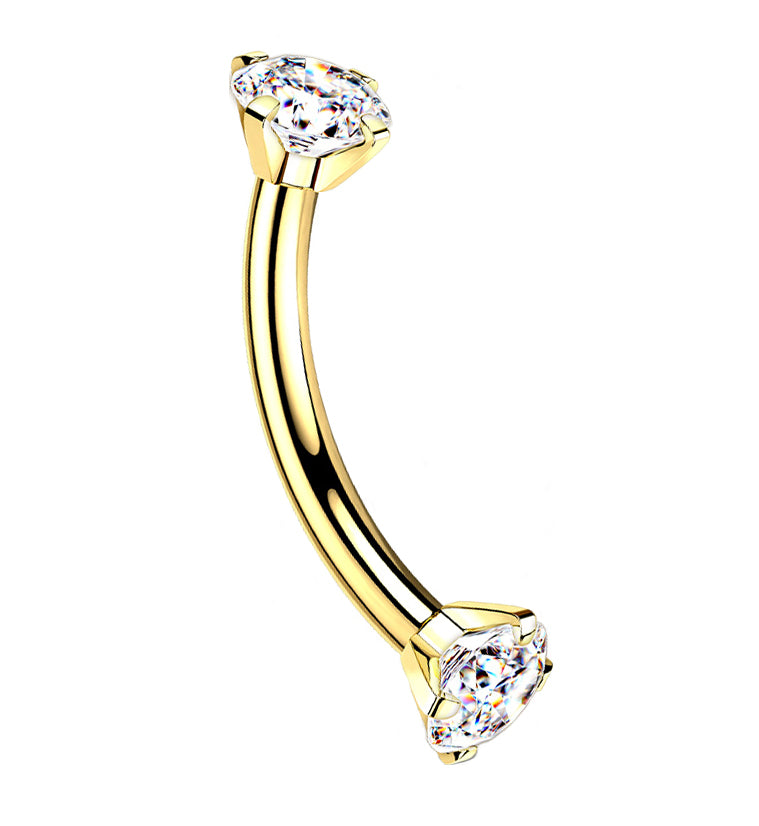 16G Gold PVD Titanium Double Prong CZ Curved Barbell