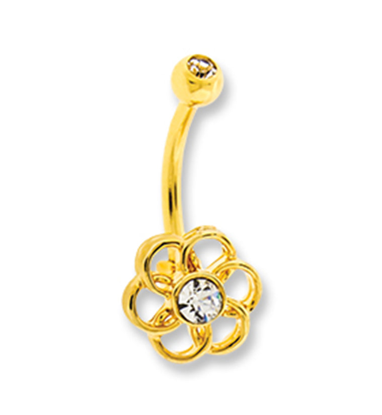 Gold PVD Flower CZ Curved Barbell