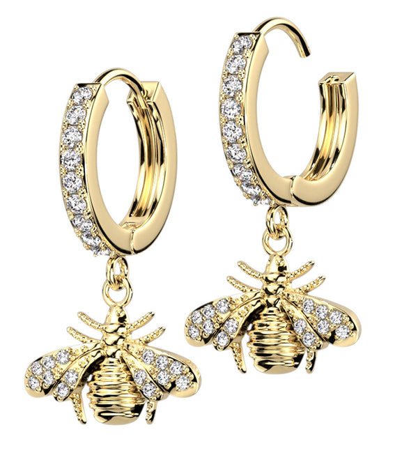 Gold PVD Bee CZ Stainless Steel Hoop Earrings
